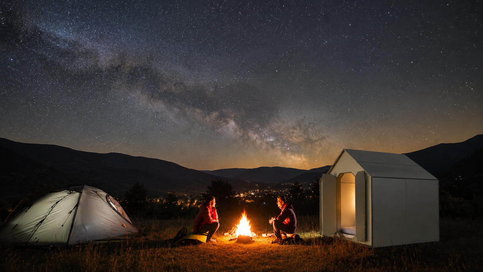 Maawa X pitched beside a tent under the night sky